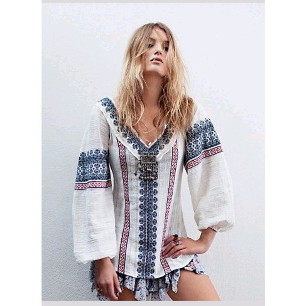 Free People Tunic Womens Sm Puff Sleeve White w/ Red Blue Embroidery Boho Hippie